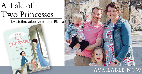 Graphic featuring the cover of A Tale of Two Princesses and author Rianna with her family