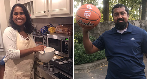 Sara baking up something delicious, and Biju ready to enjoy a game of basketball